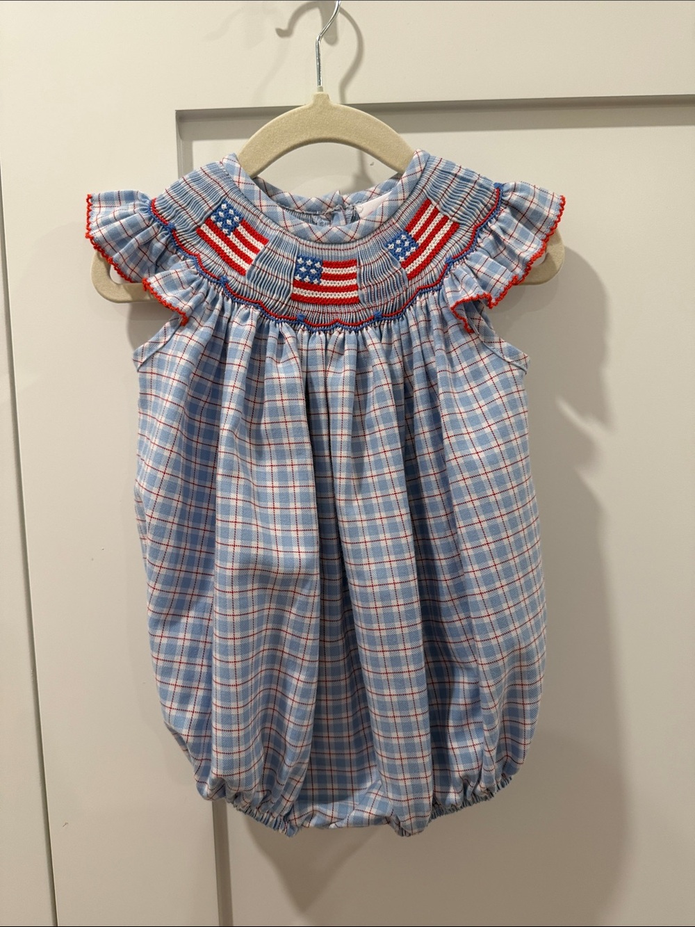 Worn once- Stitchy Fish- Smocked Plaid Baby One-Piece Bodysuit - US Flag